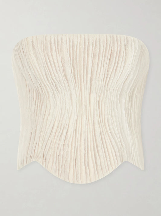 Image of a model wearing Tops. Product name - Anais Crinkled-organza Bustier Top in Off-white colour by brand - Danielle Frankel