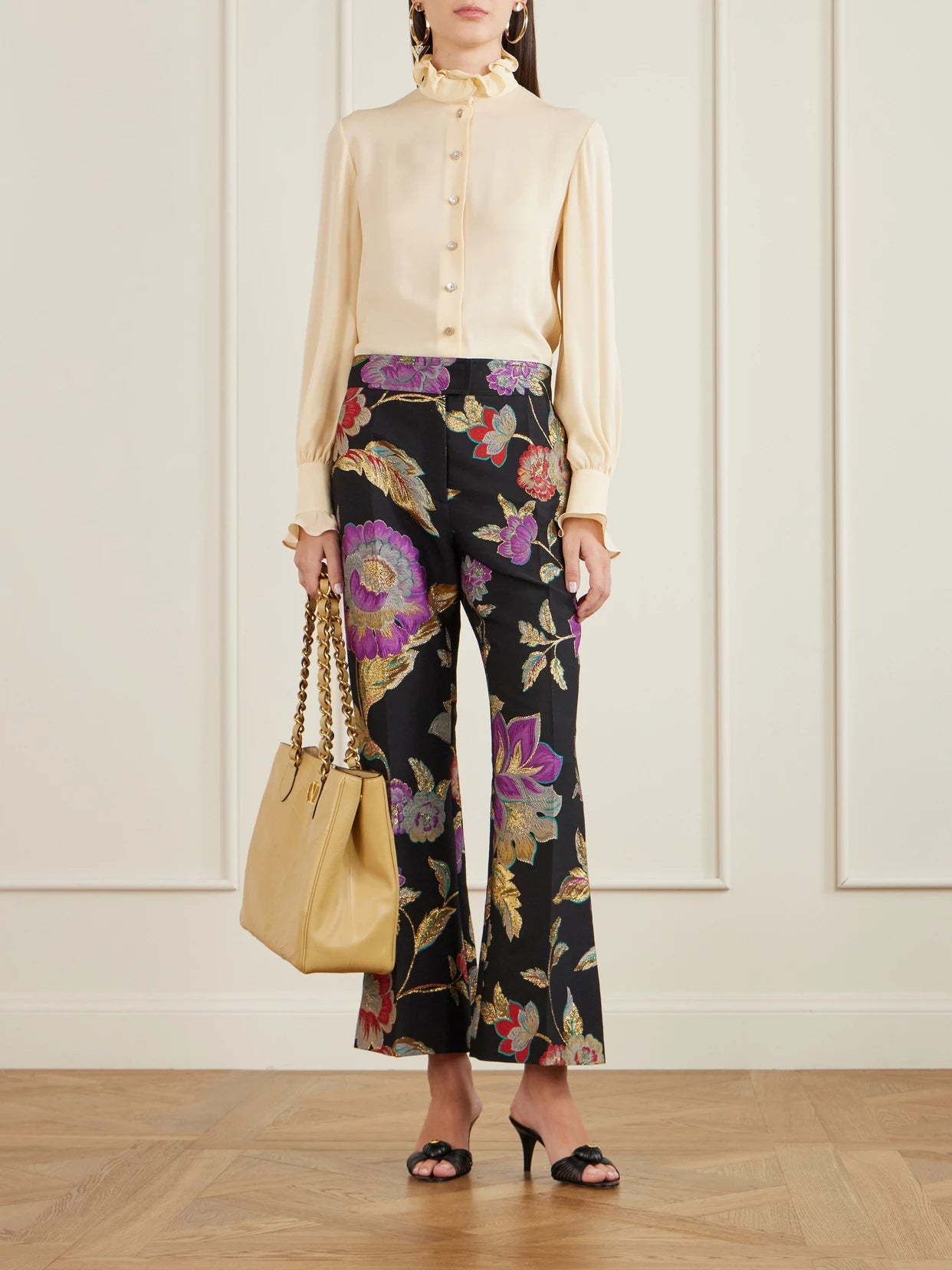 Image of a model wearing Pants. Product name - Floral-brocade Wool-blend Straight-leg Pants in Black colour by brand - Valentino Garavani