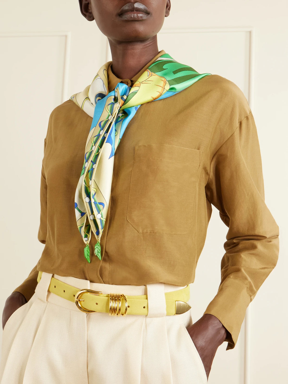 Image of Scarves & Shawls. Product name - The Pool Embellished Printed Silk-twill Scarf in Blue colour by brand - Tory Burch