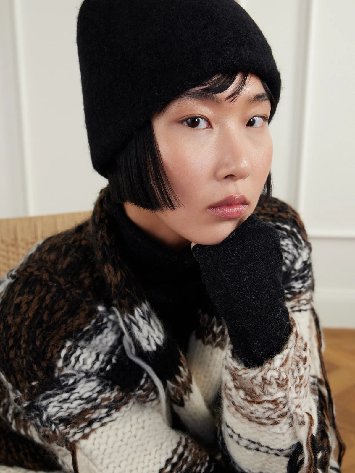 Image of Hats. Product name - Felted Alpaca-blend Bouclé Hat in Black colour by brand - Lauren Manoogian
