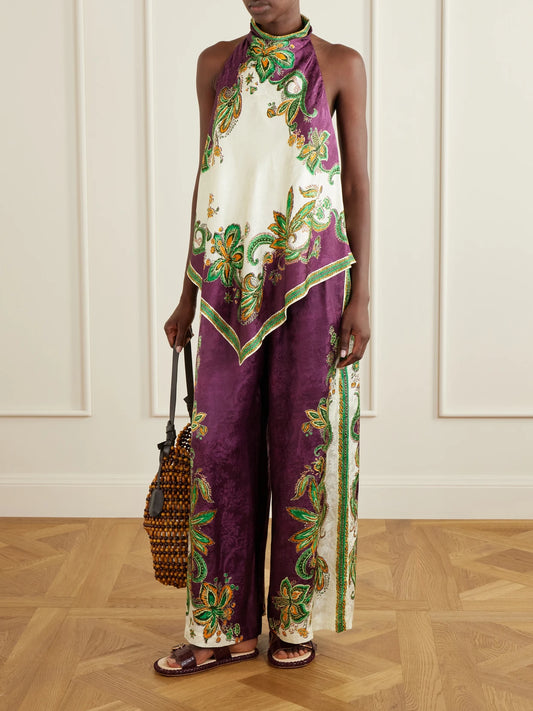 Image of Outfit Sets. Product name - Ruthie Floral-print Satin-jacquard Halterneck Top in Purple colour by brand - ALÉMAIS