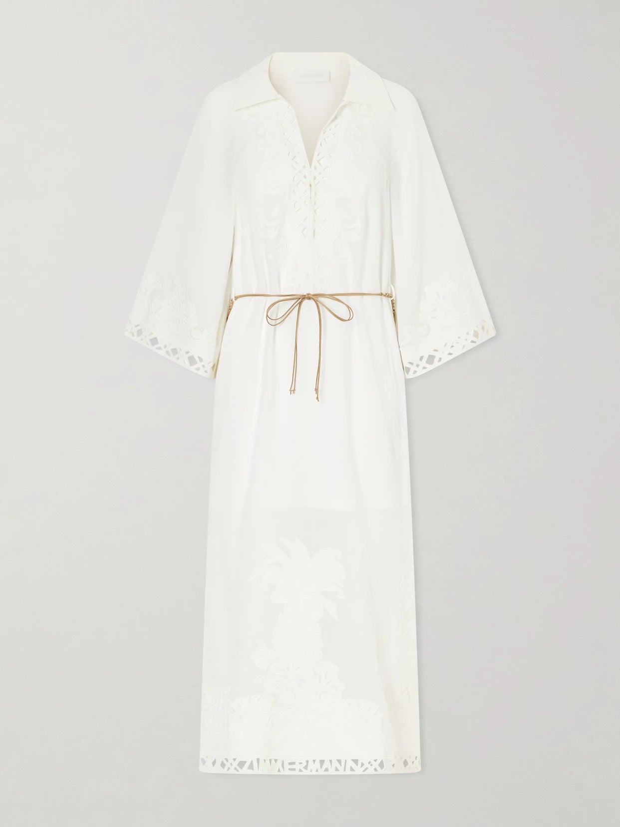 Image of Dresses. Product name - Indra Embroidered Belted Ramie Maxi Dress in Ivory colour by brand - Zimmermann