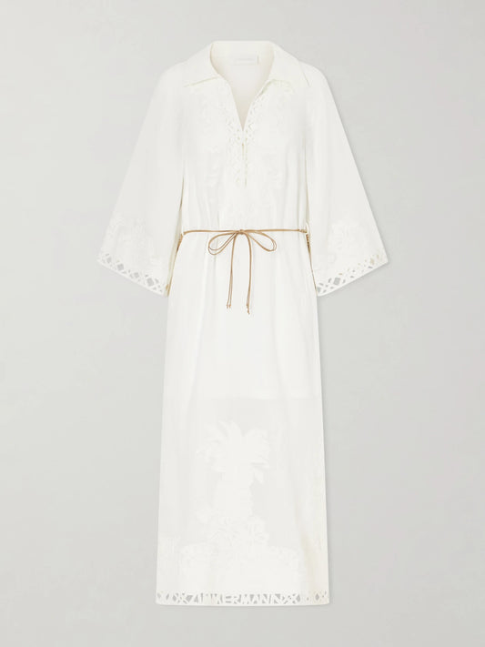 Image of Dresses. Product name - Indra Embroidered Belted Ramie Maxi Dress in Ivory colour by brand - Zimmermann