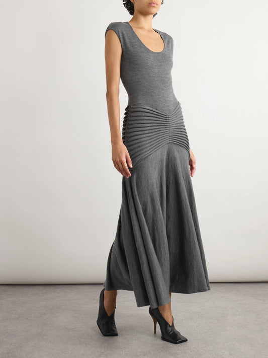 Image of Dresses. Product name - Pleated Wool Maxi Dress in Gray colour by brand - Alaïa