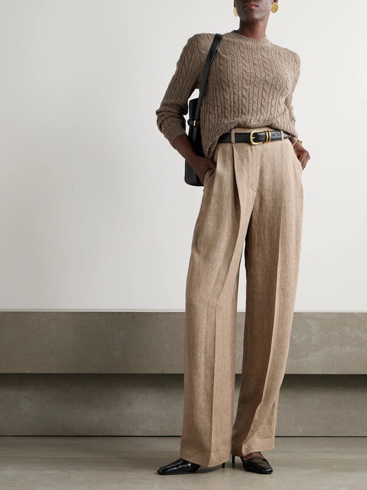 Image of a model wearing Outerwear. Product name - Cable-knit Cashmere Sweater in Brown colour by brand - Loro Piana