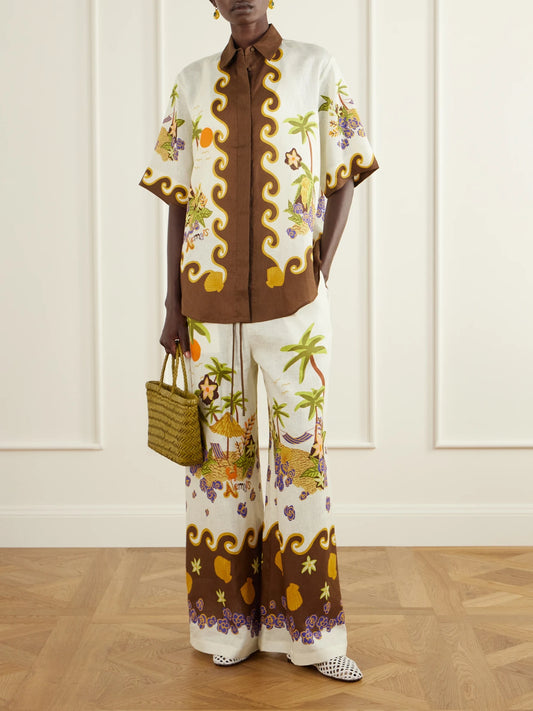 Image of Outfit Sets. Product name - Island Cove Printed Linen Wide-leg Pants in White colour by brand - ALÉMAIS