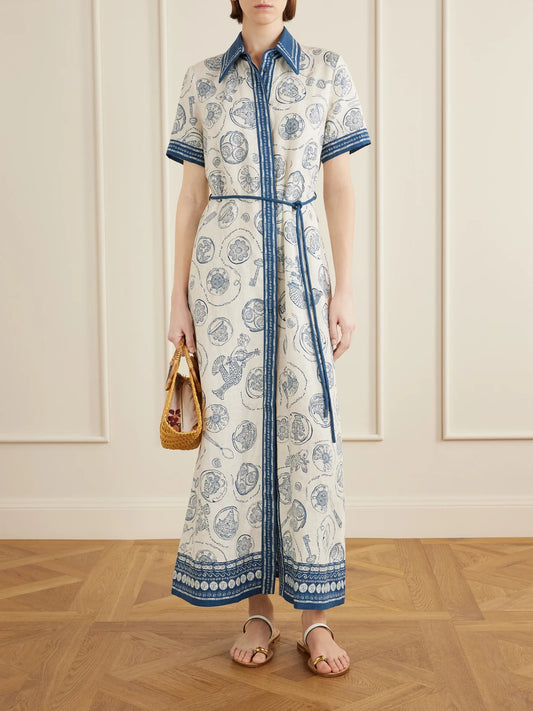 Image of Dresses. Product name - Lucky Printed Linen Maxi Dress in Ivory colour by brand - ALÉMAIS