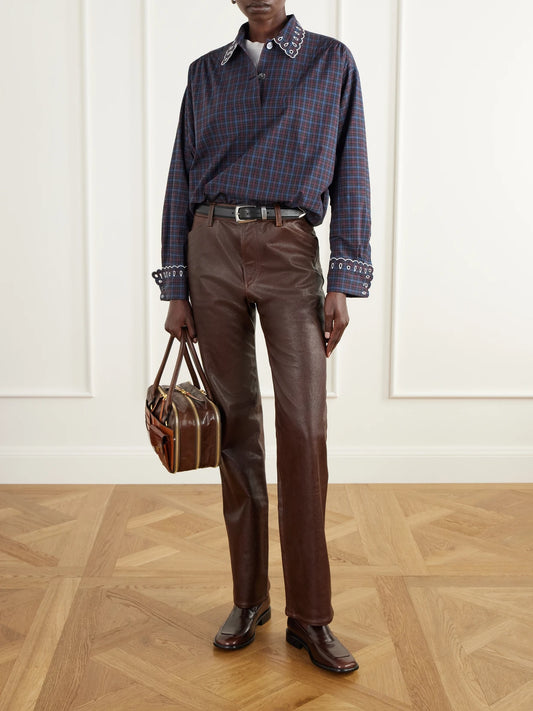 Image of a model wearing Tops. Product name - Checked Broderie-anglaise Cotton-poplin Shirt in Multi colour by brand - Marni