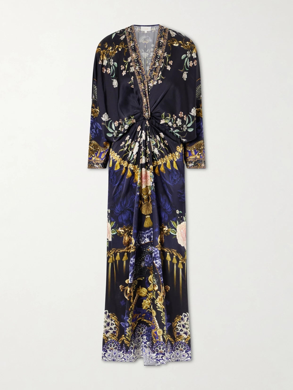 Image of Dresses. Product name - Gathered Embellished Printed Silk Maxi Dress in Blue colour by brand - Camilla