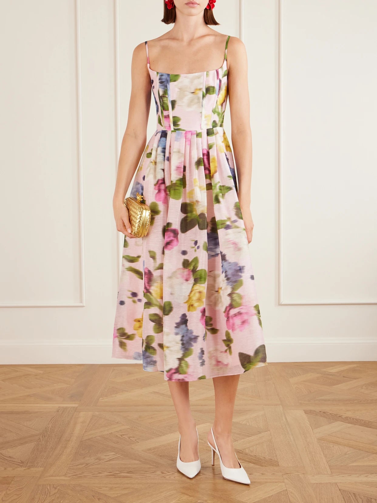 Image of Dresses. Product name - Floral-print Linen And Silk-blend Midi Dress in Pink colour by brand - Carolina Herrera