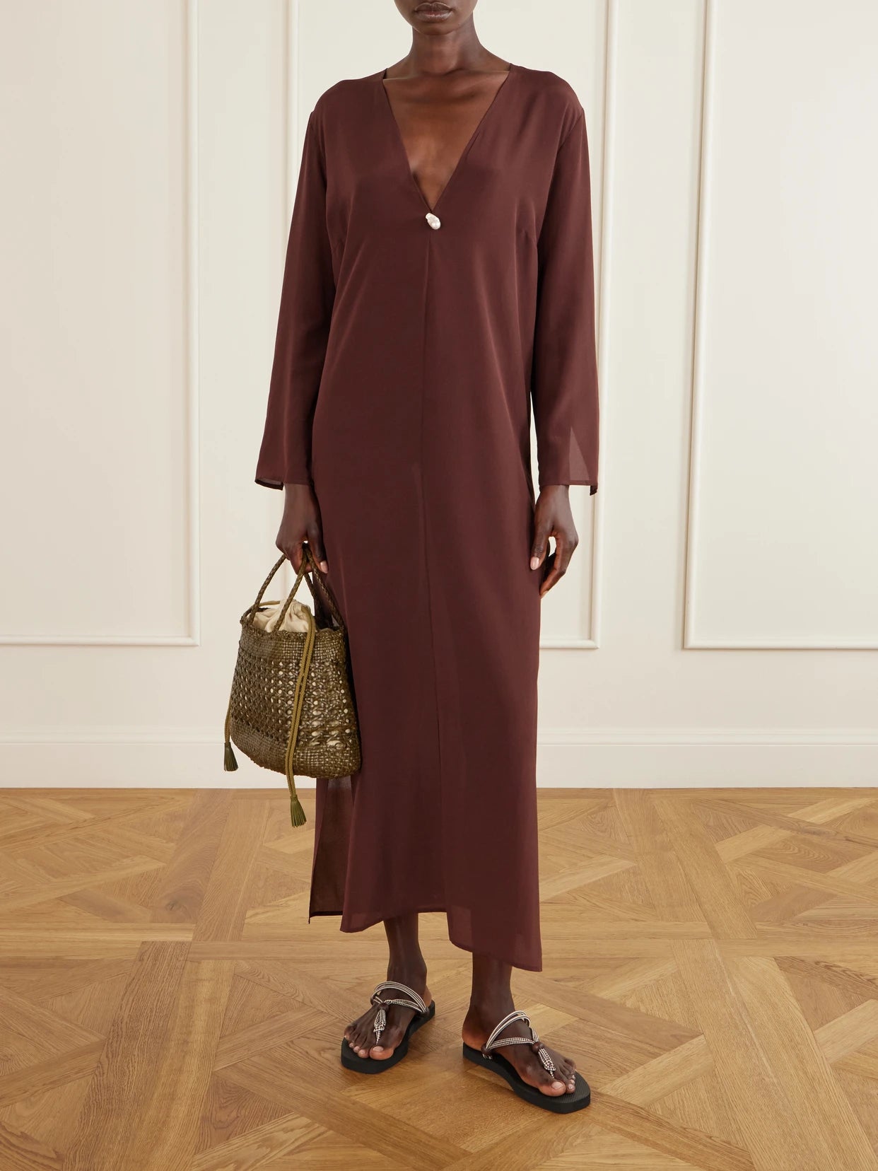 Image of Dresses. Product name - Pearl-embellished Silk-chiffon Kaftan in Brown colour by brand - Sara Cristina