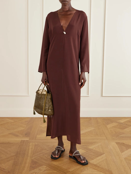 Image of Dresses. Product name - Pearl-embellished Silk-chiffon Kaftan in Brown colour by brand - Sara Cristina