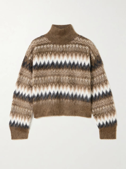 Cropped Brushed Intarsia-knit Turtleneck Sweater