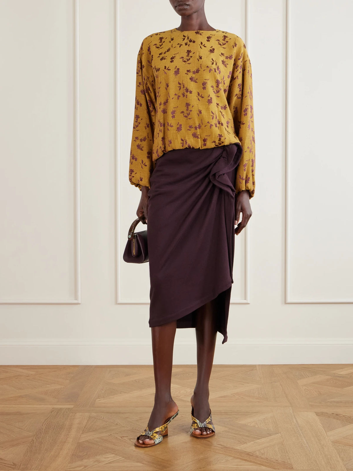 Image of a model wearing Skirts. Product name - Draped Cotton-jersey Midi Skirt in Burgundy, Gray colour by brand - Dries Van Noten