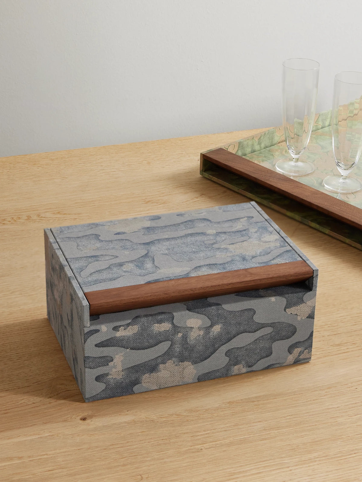 Image of Decor. Product name - Fortuny Isole Camouflage-print Twill And Wood Box in Light blue colour by brand - L'Objet
