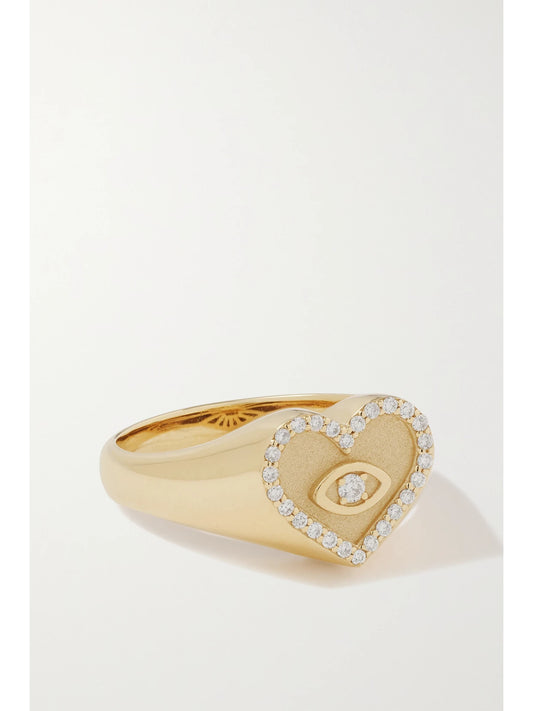 Heart Marquis Eye 14-karat Gold Diamond Signet Ring