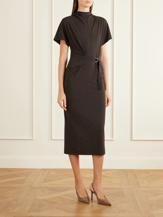 Image of Dresses. Product name - Wrapped Jersey Midi Dress in Brown colour by brand - Brunello Cucinelli