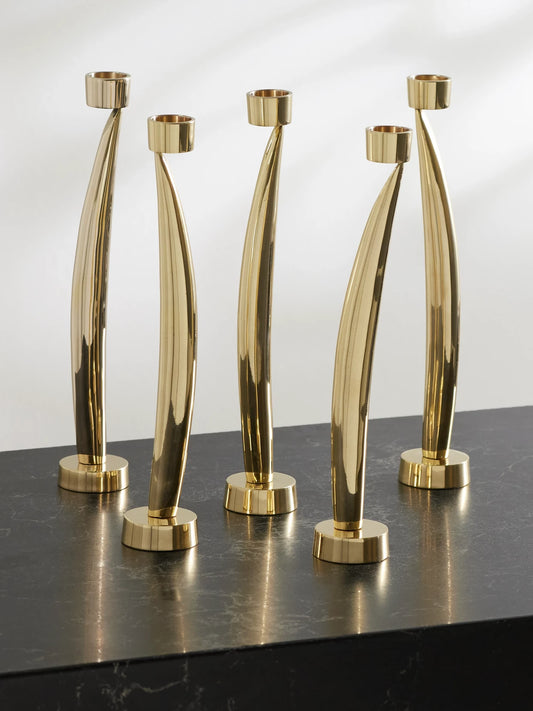 Leaf Set Of Five Gold-tone Brass Candleholders