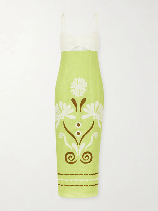 Image of Dresses. Product name - Nara Cutout Printed Linen Midi Dress in Lime green colour by brand - Cala de la Cruz