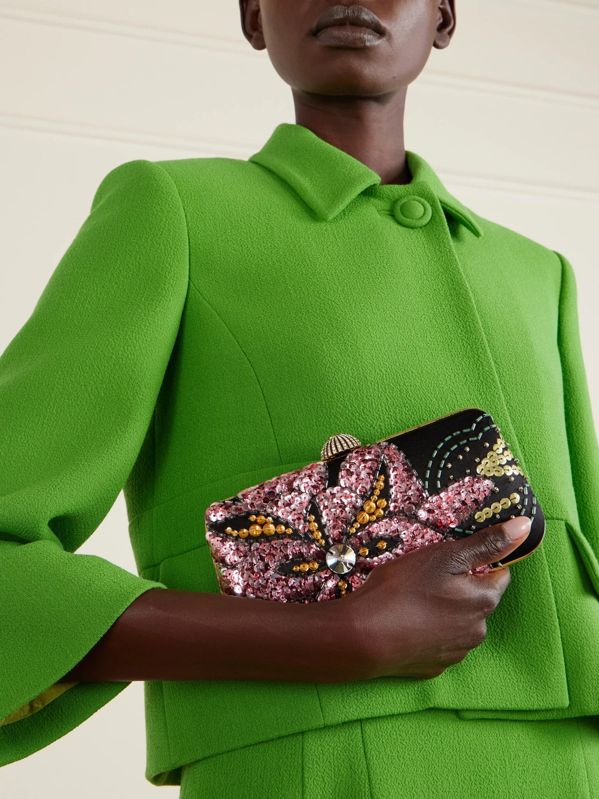 Image of Bags. Product name - Carry Secrets Minaudière Embellished Satin Clutch in Multi colour by brand - Valentino Garavani