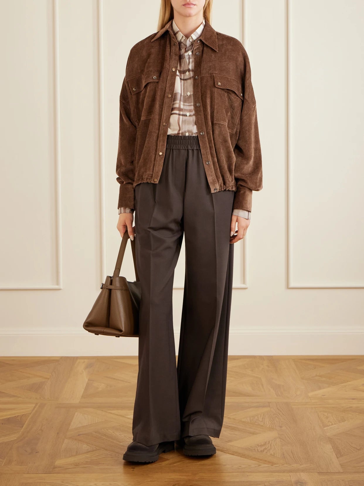 Image of a model wearing Tops. Product name - Velvet Shirt in Dark brown colour by brand - Brunello Cucinelli
