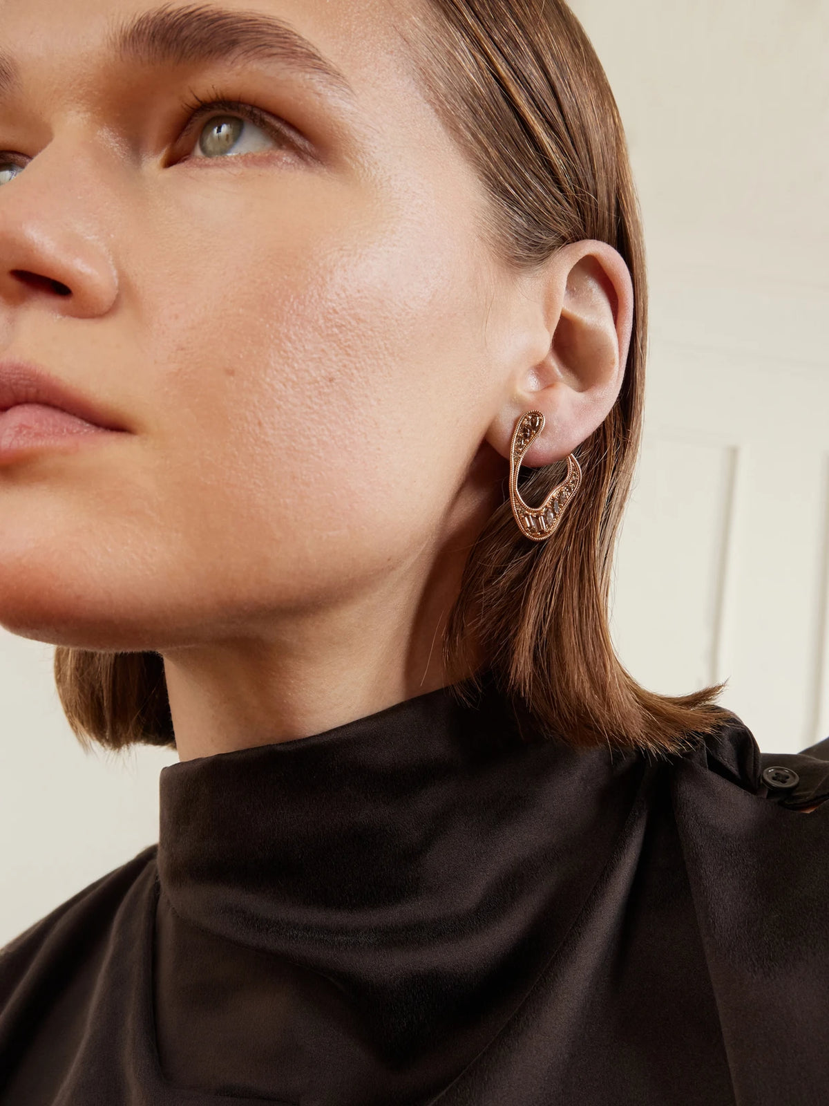 Image of Earrings. Product name - Stream Loop 18-karat Rose Gold Diamond Earrings in Multi colour by brand - Fernando Jorge