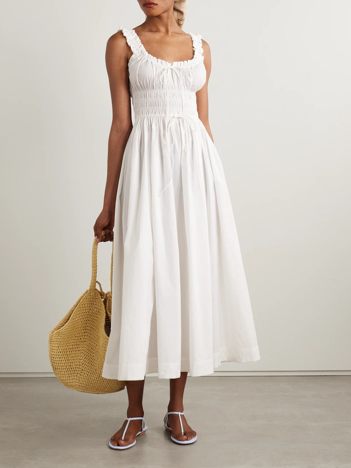 Image of Dresses. Product name - Emmaretta Tie-detailed Shirred Cotton-voile Midi Dress in White colour by brand - DÔEN