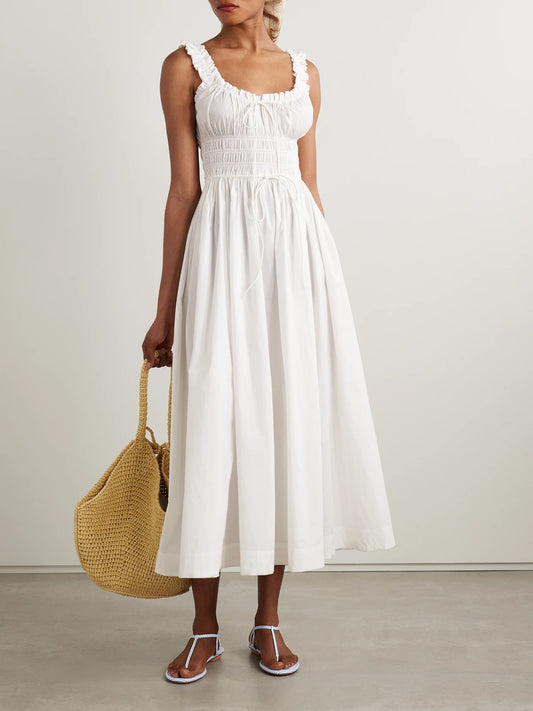 Image of Dresses. Product name - Emmaretta Tie-detailed Shirred Cotton-voile Midi Dress in White colour by brand - DÔEN