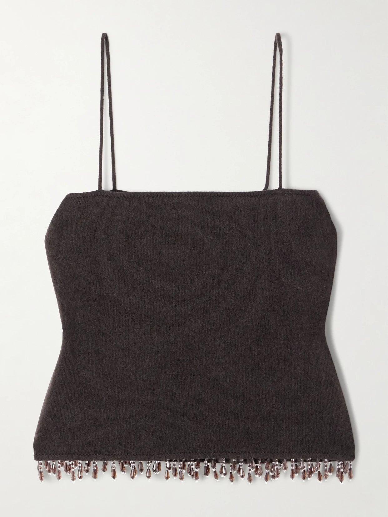 Image of a model wearing Tops. Product name - Fringed Bead-embellished Wool And Cashmere-blend Top in Dark brown colour by brand - BODE