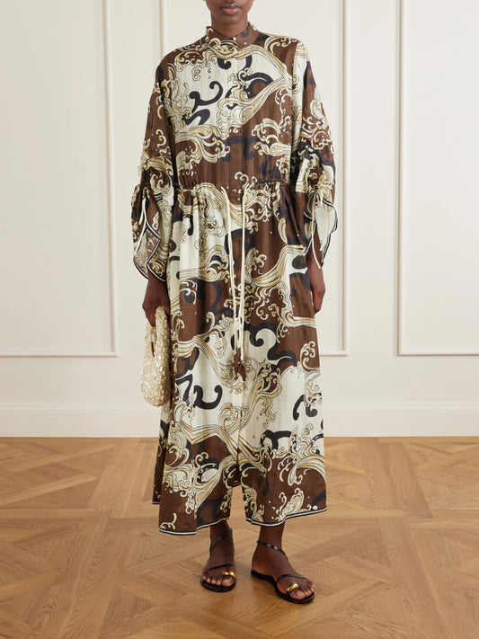 Image of Dresses. Product name - Otis Printed Ramie Midi Dress in Chocolate colour by brand - ALÉMAIS
