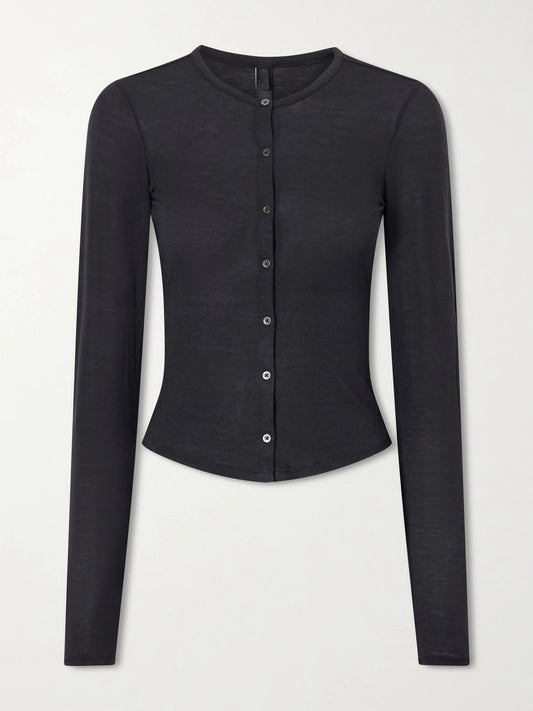 Image of Sleepwear & Loungewear. Product name - Modal Cardigan in Black colour by brand - SKIMS
