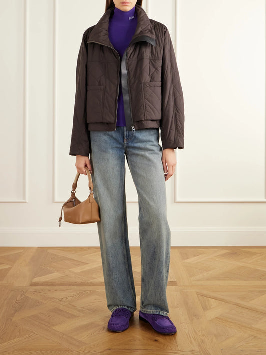 Image of Coats & Jackets. Product name - Padded Quilted Leather-trimmed Shell Jacket in Dark brown colour by brand - LOEWE