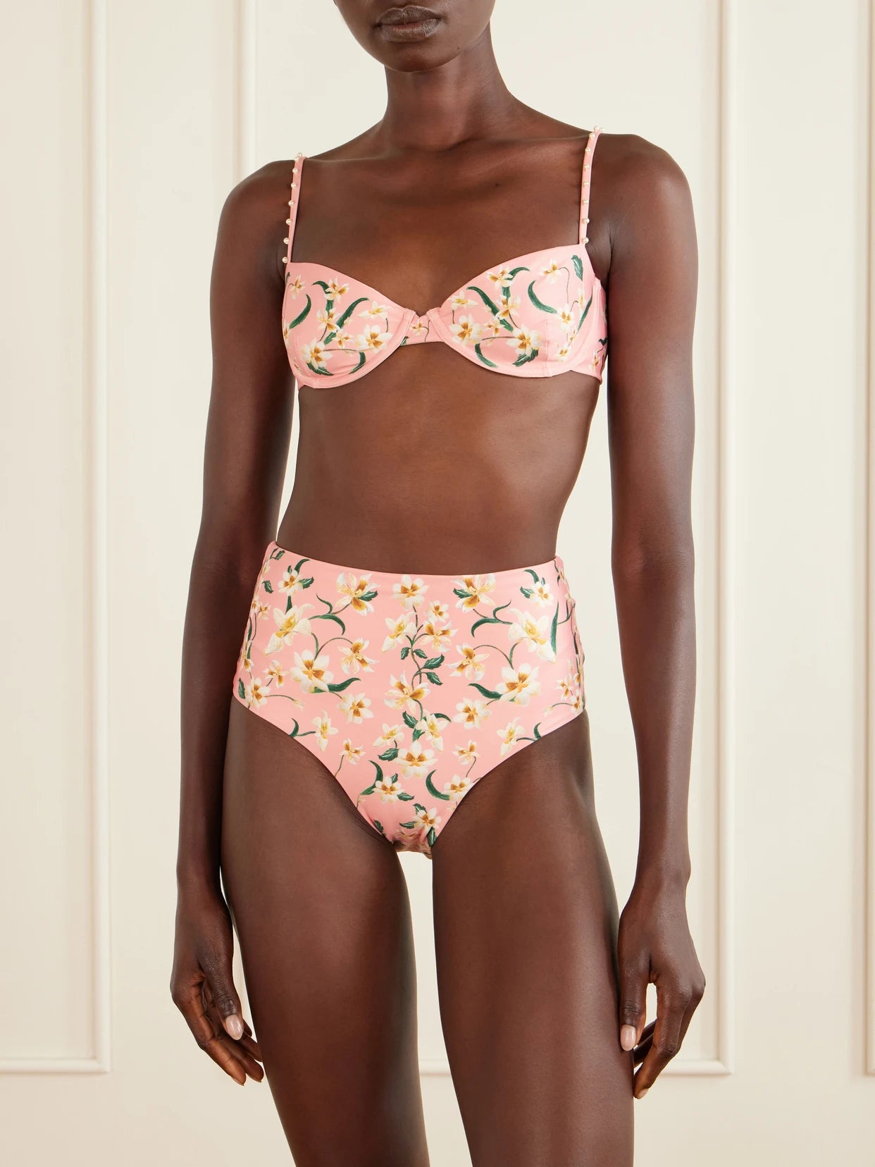 Image of Swimwear. Product name - Magdalena Promesa Embellished Floral-print Bikini Top in Pink colour by brand - Agua by Agua Bendita