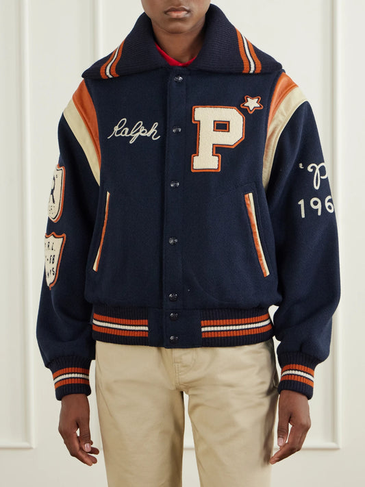 Polo Ralph Lauren Embroidered Appliquéd Leather-trimmed Wool-blend Twill Jacket