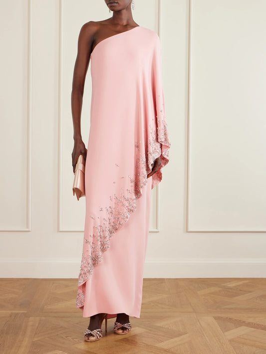 Image of Dresses. Product name - One-shoulder Crystal-embellished Silk-blend Crepe Gown in Pink colour by brand - Oscar de la Renta