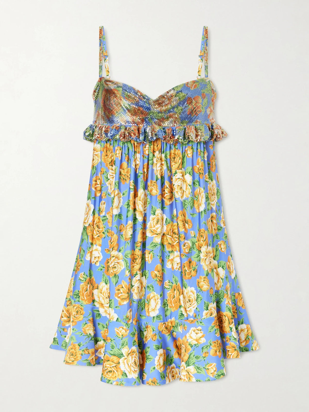 Embellished Ruffled Floral-print Jersey Mini Dress