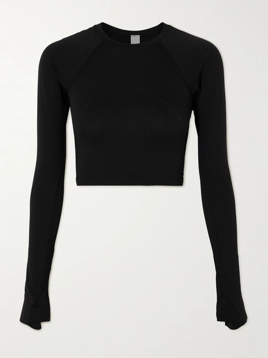 Image of T-Shirts. Product name - Swiftly Tech Cropped Stretch-jersey T-shirt in Black colour by brand - lululemon