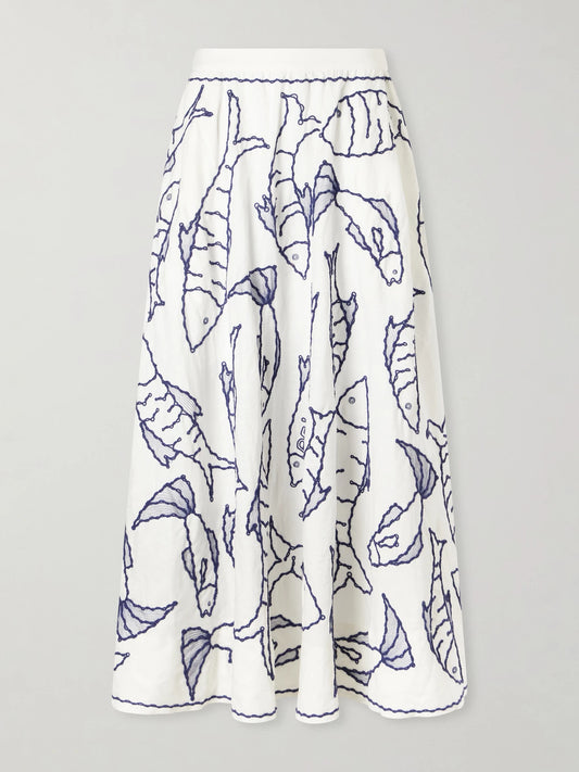 Image of a model wearing Skirts. Product name - Fresh Fish Embroidered Linen-blend Midi Skirt in Off-white colour by brand - Farm Rio