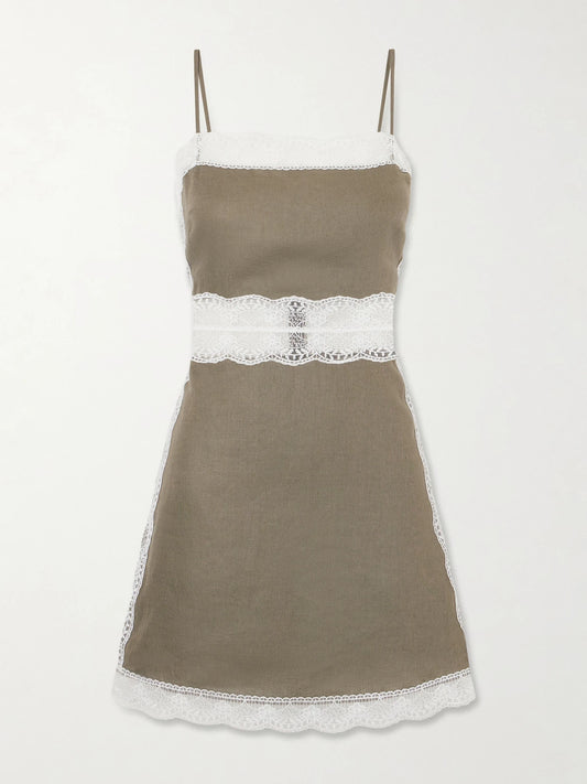 Image of Dresses. Product name - Amalina Lace-trimmed Linen Mini Dress in Army green colour by brand - STAUD