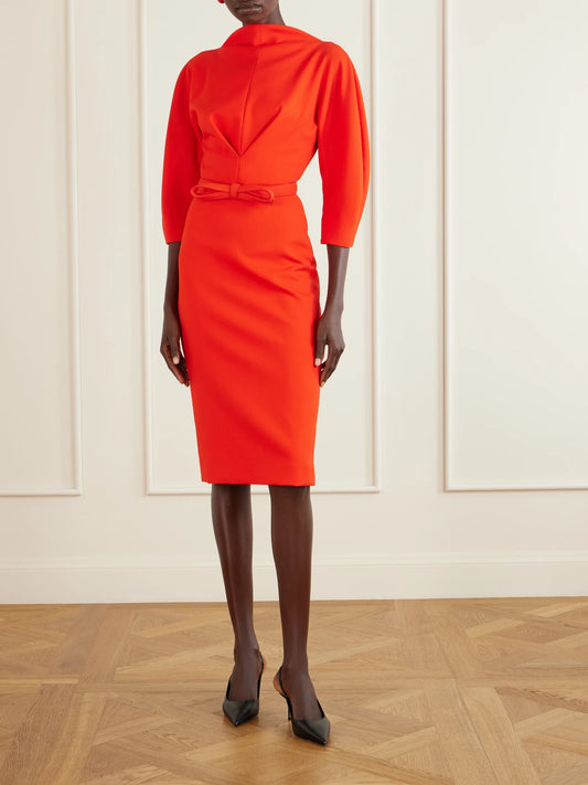 Image of Dresses. Product name - Sheath Cinched Stretch-wool Midi Dress in Red colour by brand - Carolina Herrera