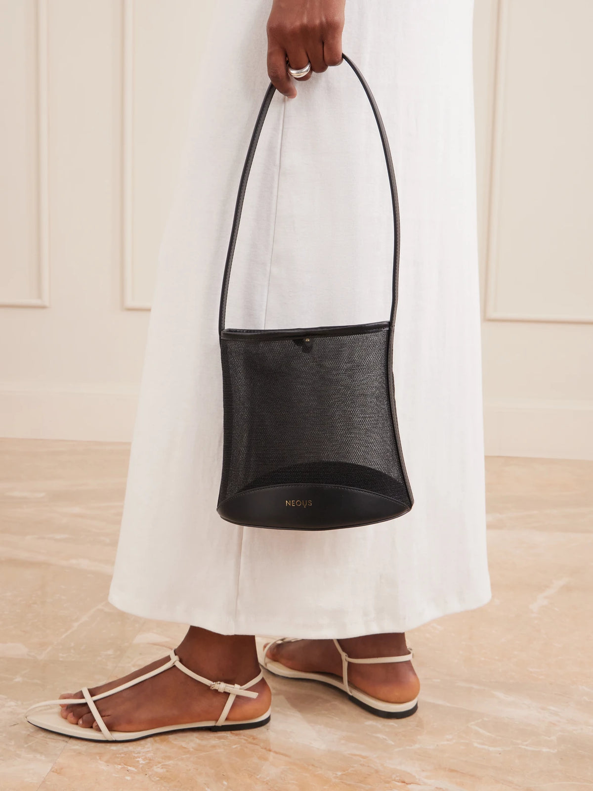 Image of Bags. Product name - Pardalis Leather-trimmed Mesh Bucket Shoulder Bag in Black colour by brand - NEOUS