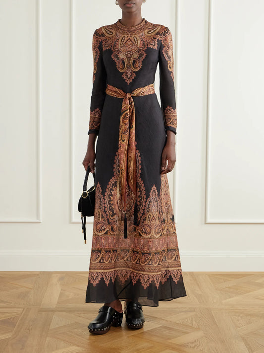 Image of Dresses. Product name - Ascent Belted Printed Linen And Silk-blend Maxi Dress in Multi colour by brand - Zimmermann