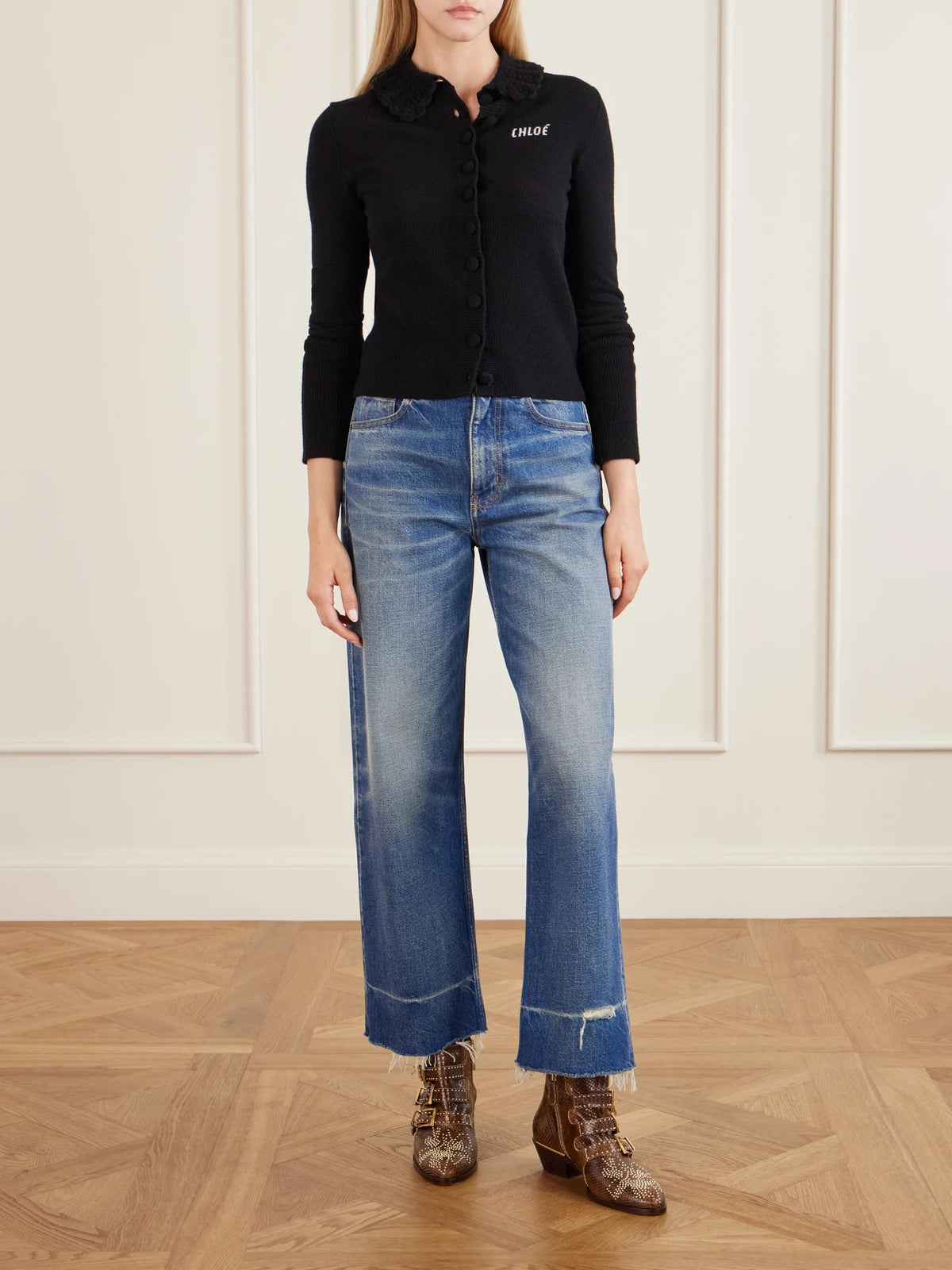 Image of Boots. Product name - Susan Studded Leather Ankle Boots in Brown colour by brand - Chloé