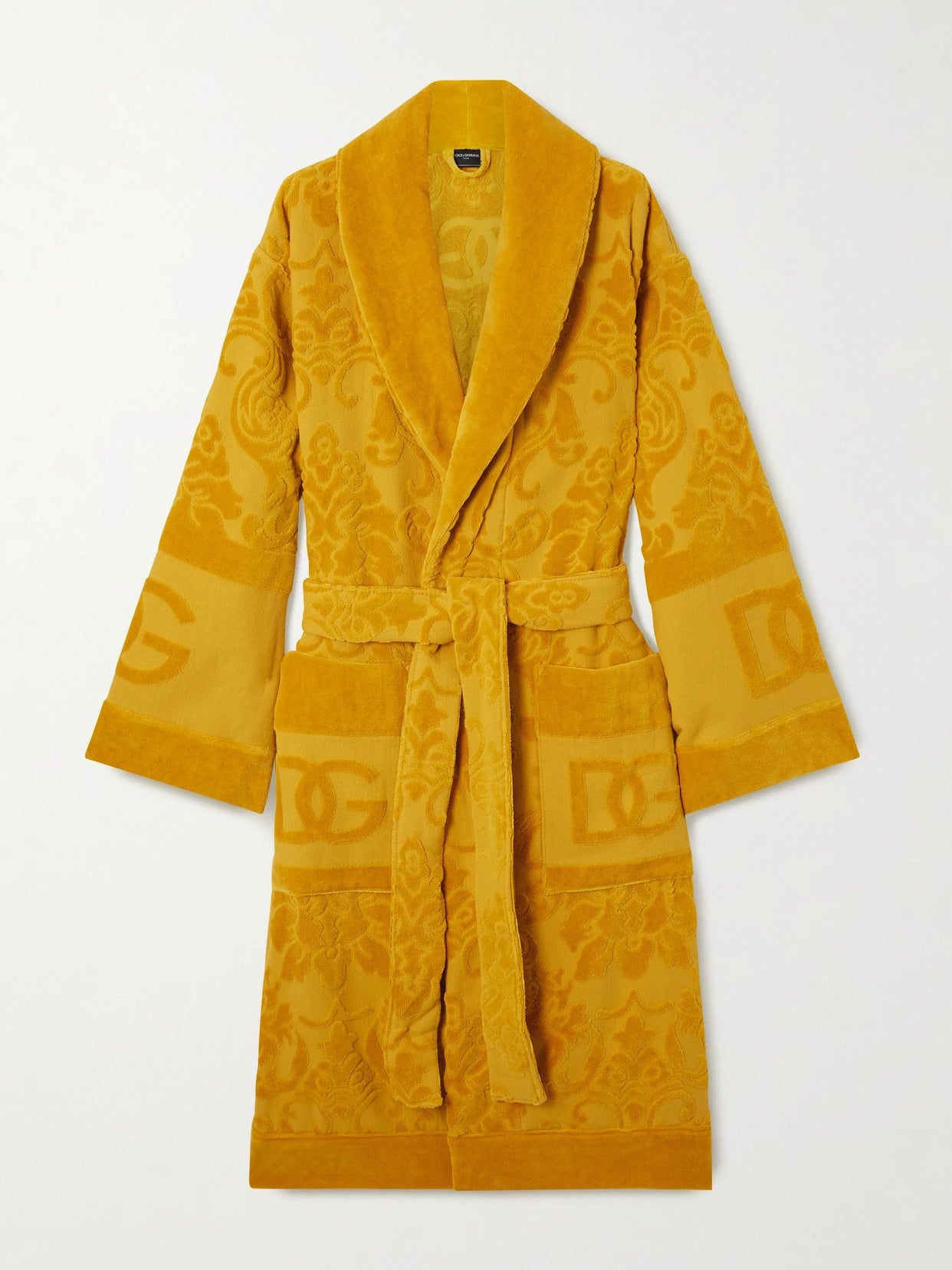 Image of Lingerie. Product name - Cotton-terry Jacquard Robe in Mustard colour by brand - Dolce & Gabbana