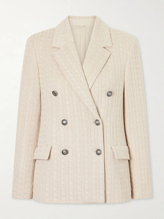 Image of Coats & Jackets. Product name - Cable-knit Cotton-blend Double-breasted Blazer in Beige colour by brand - Brunello Cucinelli