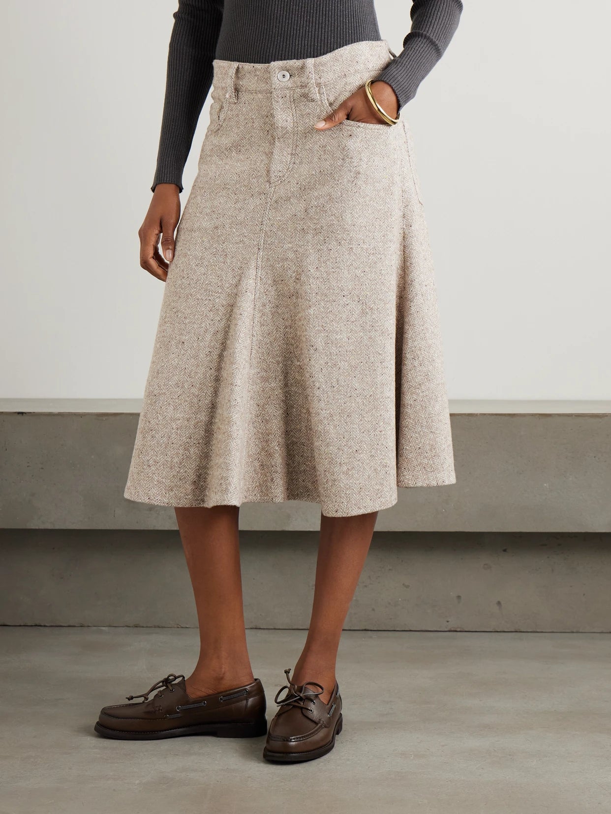 Herring Bone Wool-blend Midi Skirt