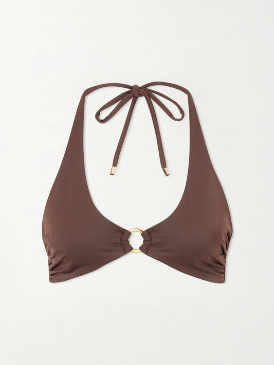 Image of Swimwear. Product name - Sorrento Embellished Bikini Top in Brown colour by brand - Away That Day
