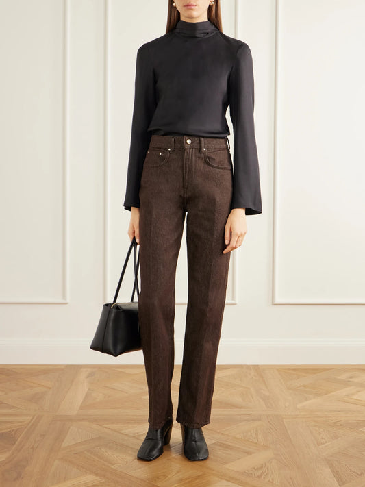 Image of Jeans. Product name - Noon Organic High-rise Straight-leg Jeans in Dark brown colour by brand - OSSOU