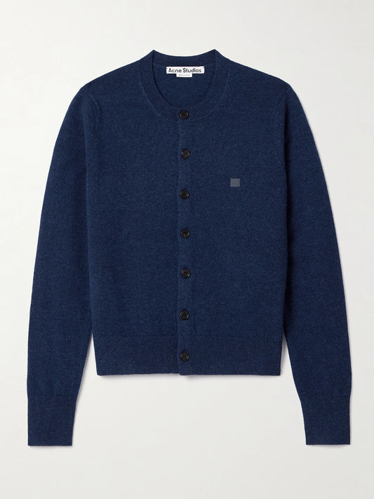 Image of a model wearing Outerwear. Product name - Appliquéd Wool Cardigan in Navy colour by brand - Acne Studios
