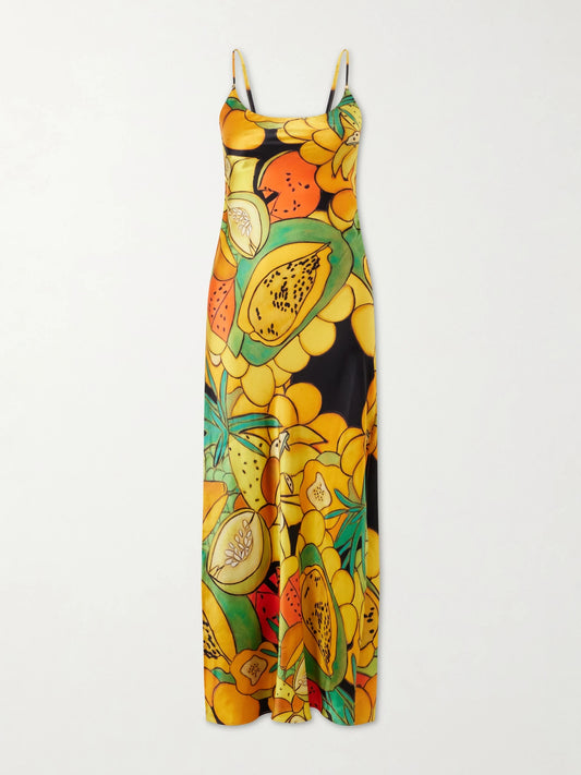 Image of Dresses. Product name - Frutas Printed Silk-blend Satin Maxi Dress in Multi colour by brand - Donde Esteban